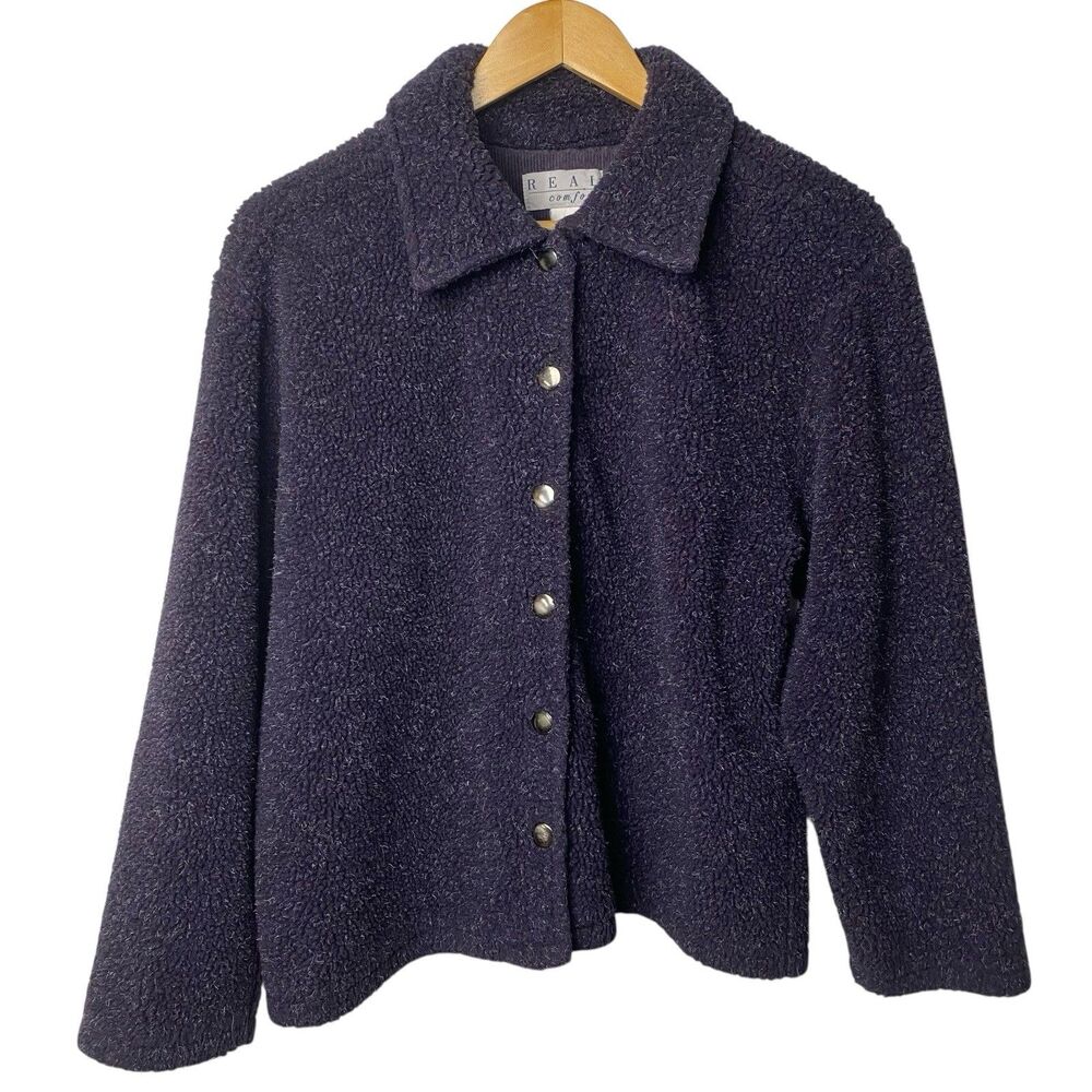 Real Comfort Knit Jacket Womens L Purple Textured Boucle Snap Front Cozy